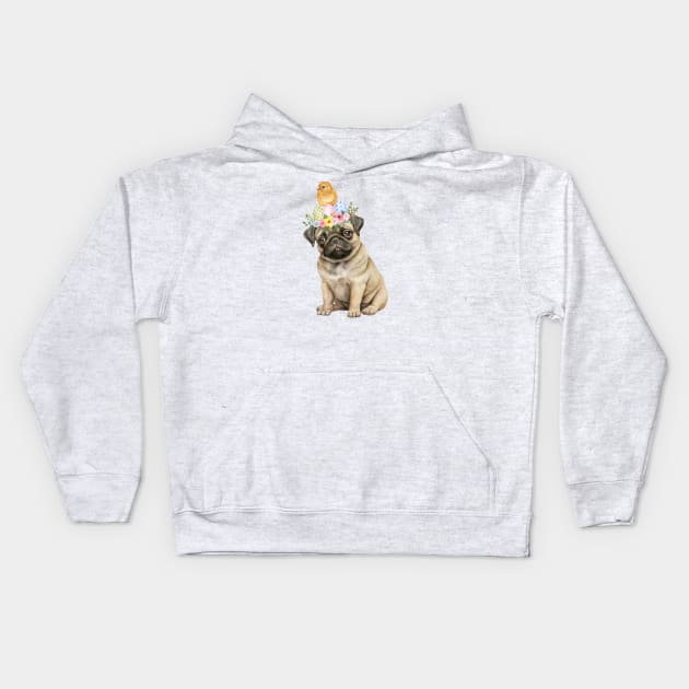 Sweet baby pug wit easter wreath and lttle yellow chicken on the head Kids Hoodie by GerganaR